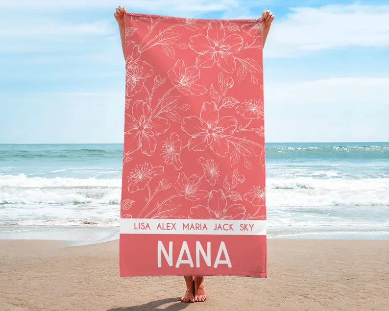 Custom Mother's Day Gift For Grandma, Personalized Grandma Beach Towel, Grandmas Garden Beach Towel, Vacation Gift for Mom, Child Name Towel 24947712 - DiyGiftly