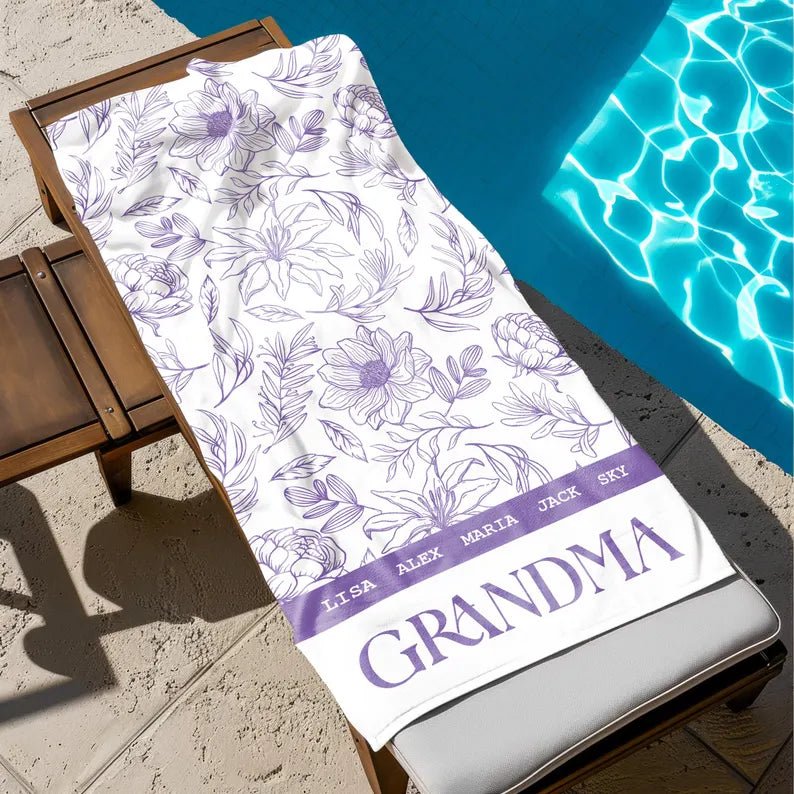 Custom Mother's Day Gift For Grandma, Personalized Grandma Beach Towel,Grandmas Garden Beach Towel, Vacation Gift for Mom, Child Name Towel 92348928 - DiyGiftly
