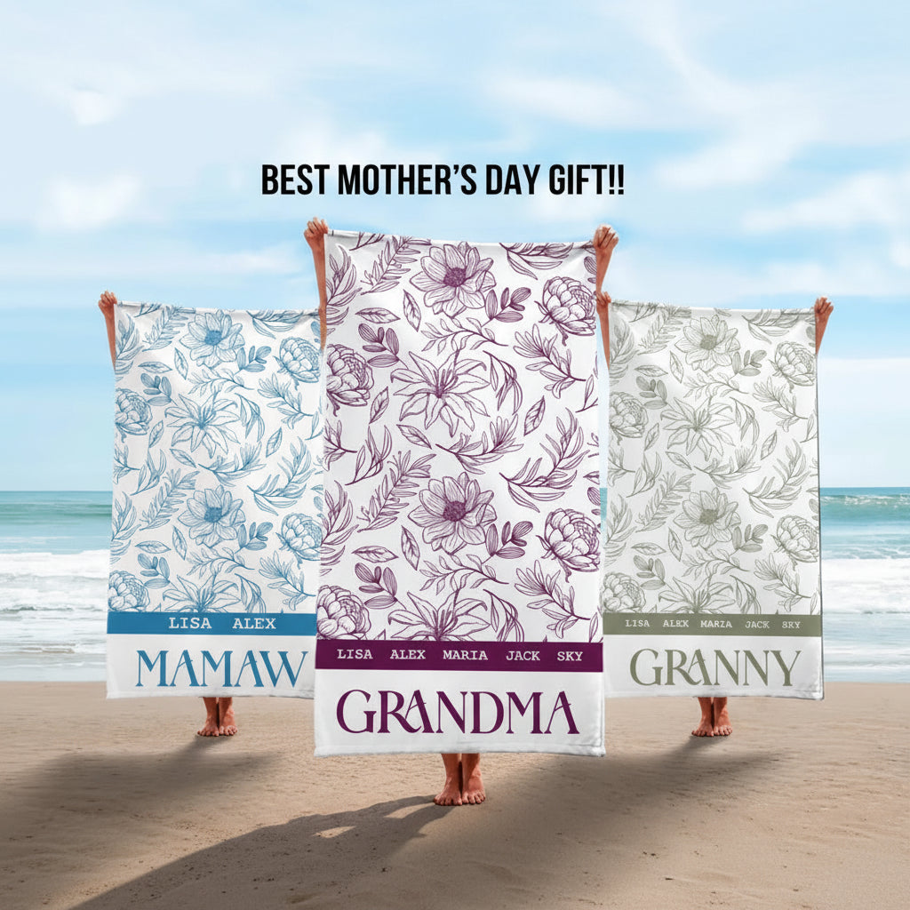 Custom Mother's Day Gift For Grandma, Personalized Grandma Beach Towel,Grandmas Garden Beach Towel, Vacation Gift for Mom, Child Name Towel 92348928 - DiyGiftly