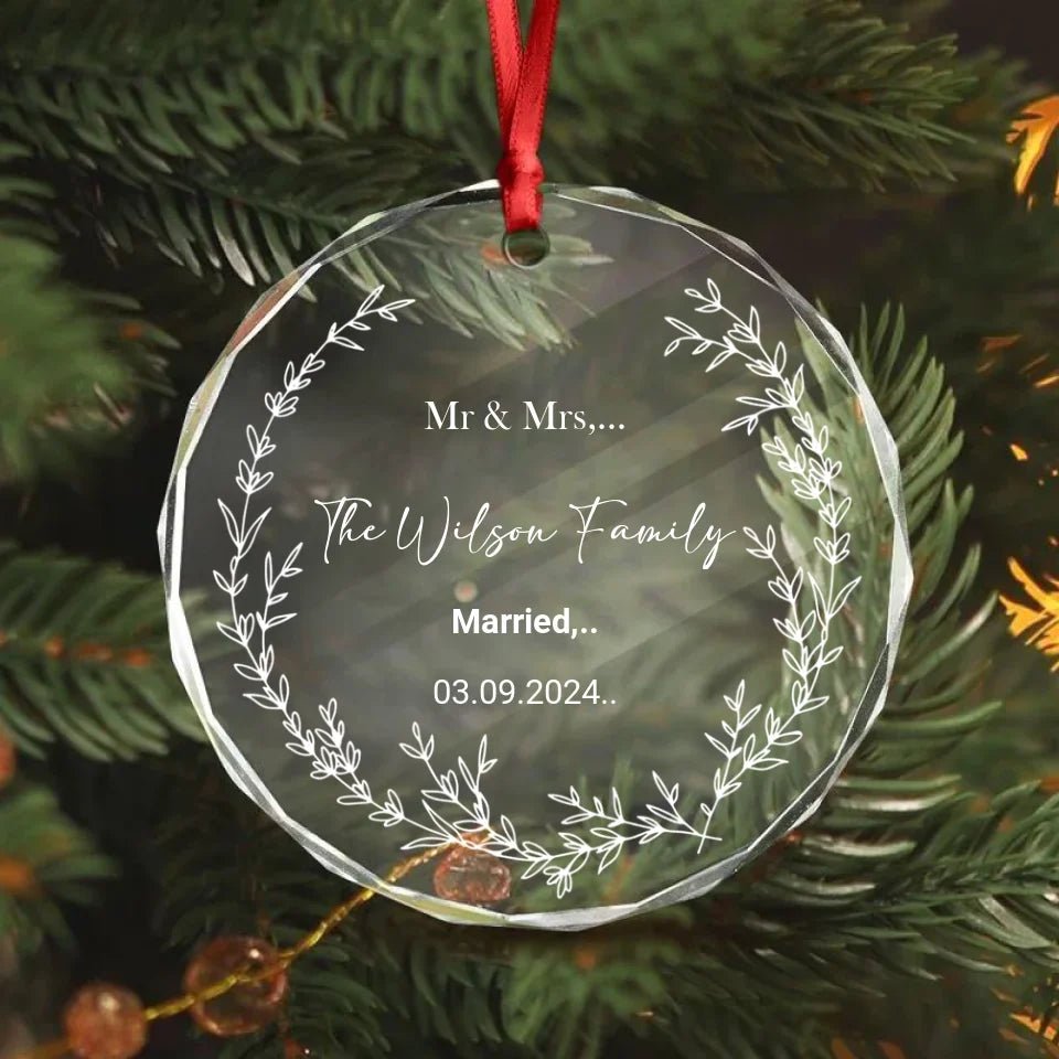 Custom Name Couple Wedding Engagement Christmas Glass Circle Ornament 689080 - DiyGiftly