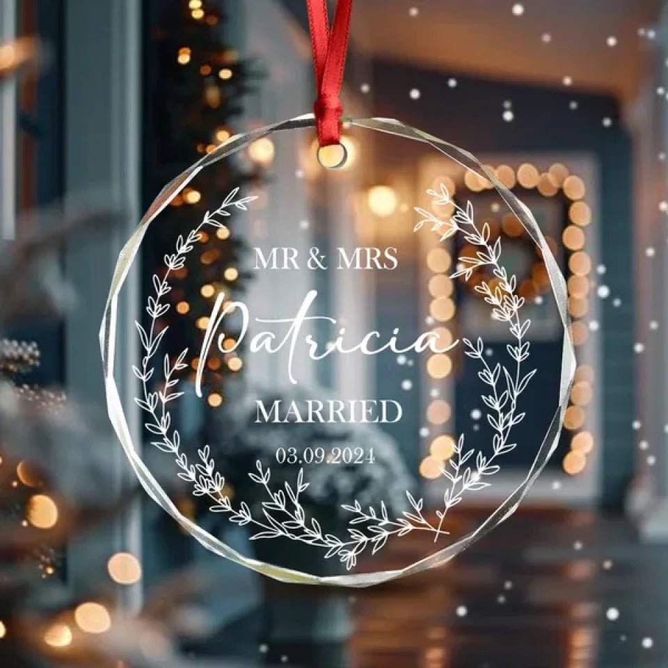 Custom Name Couple Wedding Engagement Christmas Glass Circle Ornament 689080 - DiyGiftly