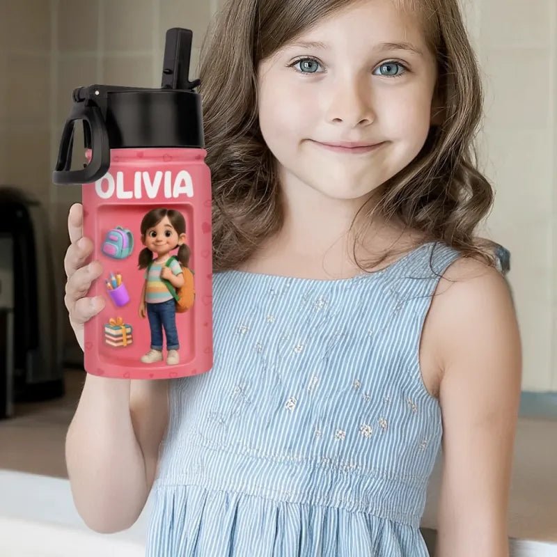 Custom Photo 3D Inflated Effect Printed Kids Water Bottle - Personalized Back To School Gifts For Kids - Fuel Your Bright Young Mind - DiyGiftly