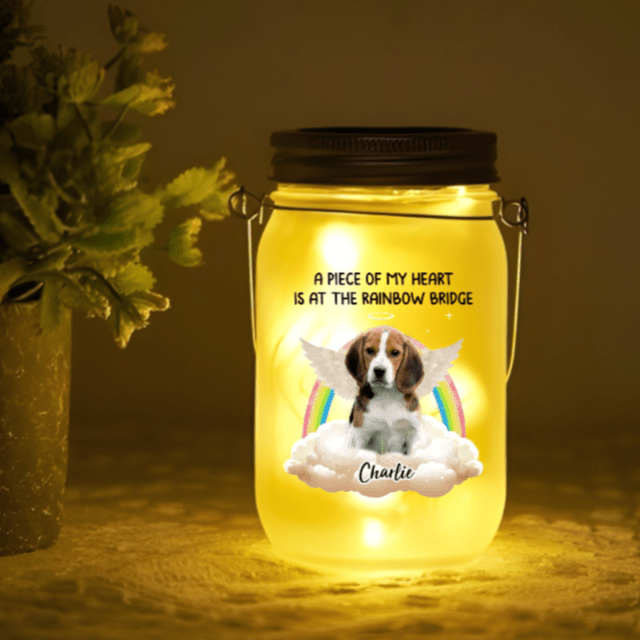 Custom Photo A Piece Of My Heart Is At The Rainbow Bridge - Memorial Personalized Custom Mason Jar Light - Sympathy Gift For Pet Owners, Pet Lovers 62853888 - DiyGiftly