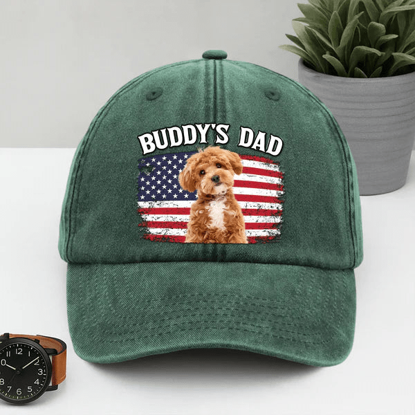 Custom Photo America Dog Dad Washed Denim Baseball Cap – Personalized Patriotic Pet Lover Hat, Unique Father’s Day Gift for Dog Dads, Adjustable Vintage Distressed Denim Cap 69967360 - DiyGiftly