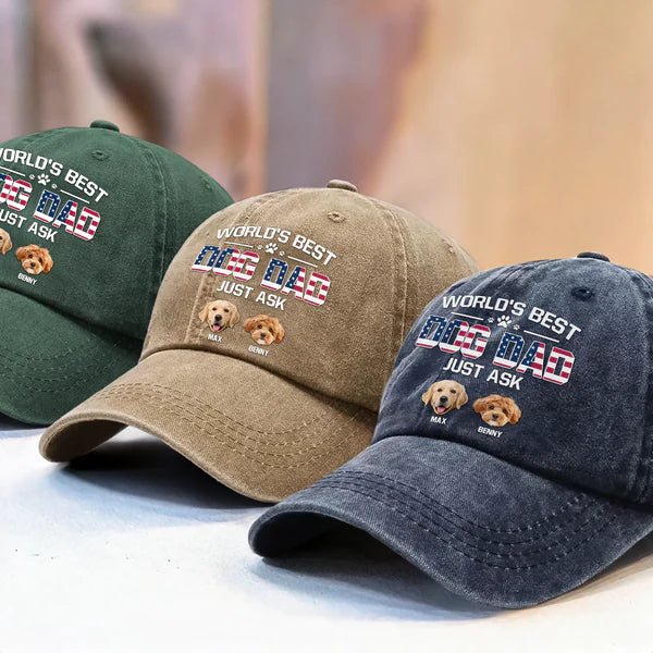 Custom Photo “American Best Dog Dad” Washed Denim Baseball Cap – Personalized Pet Dad Hat, Unique Father’s Day Gift for Dog Lovers, Vintage Adjustable Dog Owner Cap 62885120 - DiyGiftly