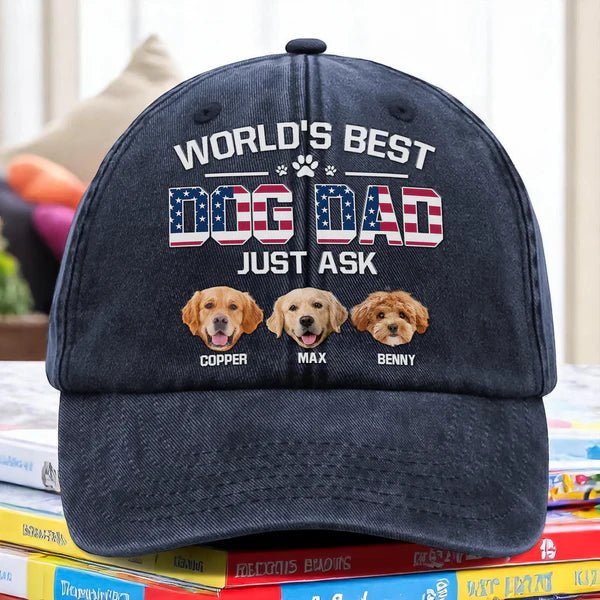 Custom Photo “American Best Dog Dad” Washed Denim Baseball Cap – Personalized Pet Dad Hat, Unique Father’s Day Gift for Dog Lovers, Vintage Adjustable Dog Owner Cap 62885120 - DiyGiftly