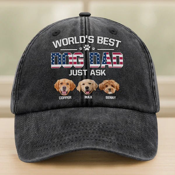 Custom Photo “American Best Dog Dad” Washed Denim Baseball Cap – Personalized Pet Dad Hat, Unique Father’s Day Gift for Dog Lovers, Vintage Adjustable Dog Owner Cap 62885120 - DiyGiftly