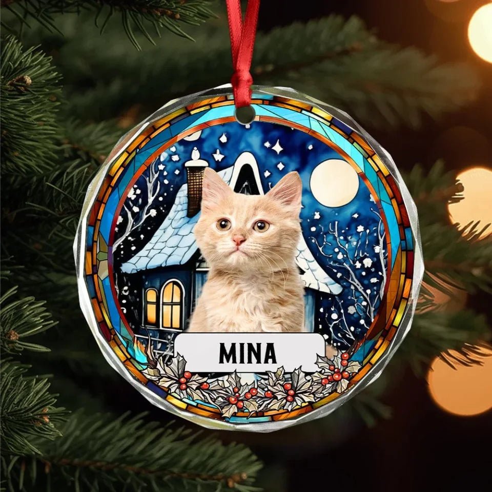 Custom Photo and Name Christmas Dog Cat Circle Glass Ornament 687159 - DiyGiftly