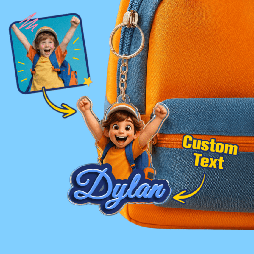 Custom Photo Cartoon Style Keychain – Personalized Name Keychain for Kids Back to School Gift - DiyGiftly