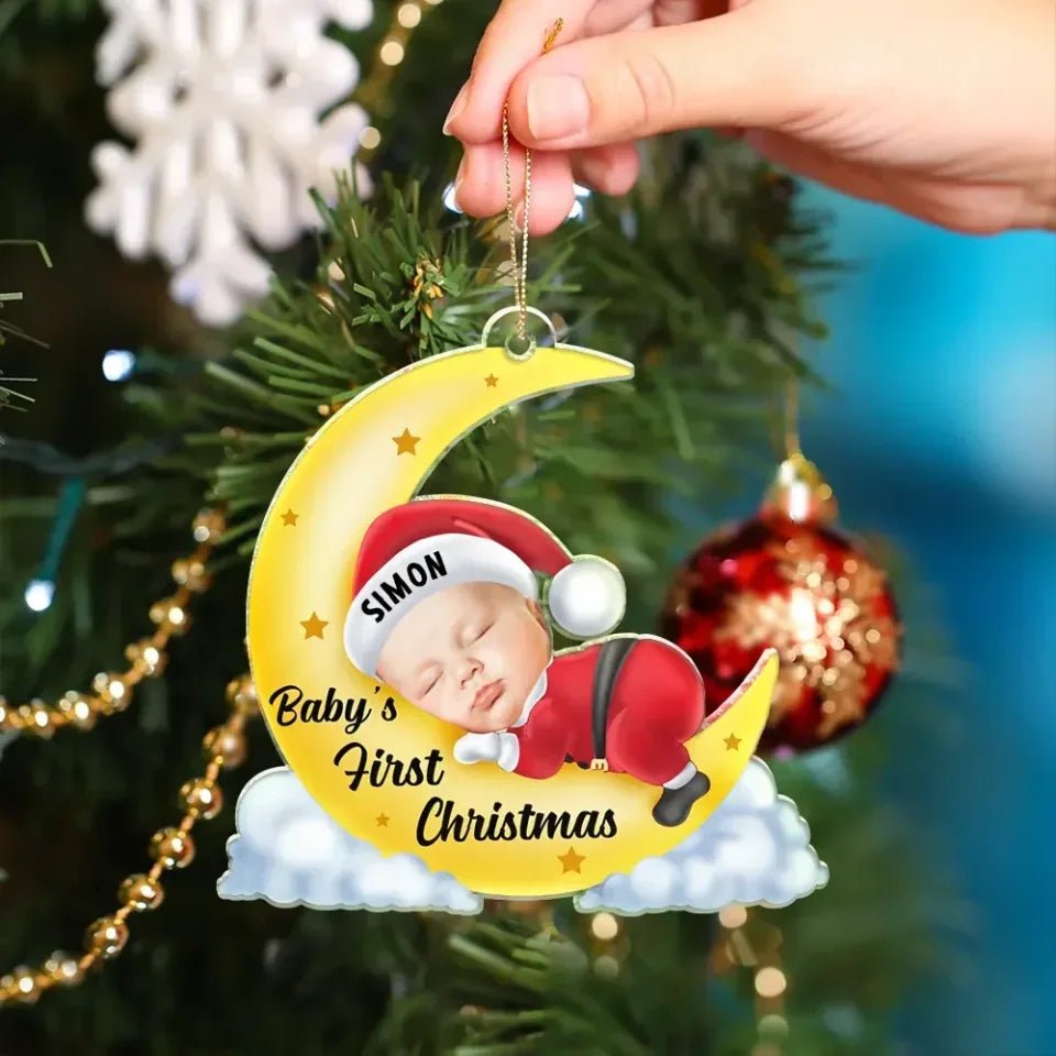 Custom Photo Christmas Baby Sleeping On The Moon - Personalized Cutout Acrylic Ornament 691986 - DiyGiftly