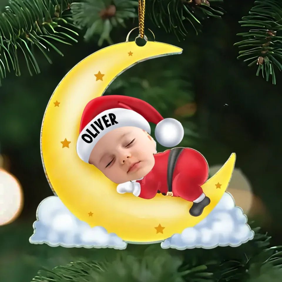 Custom Photo Christmas Baby Sleeping On The Moon - Personalized Cutout Acrylic Ornament 691986 - DiyGiftly