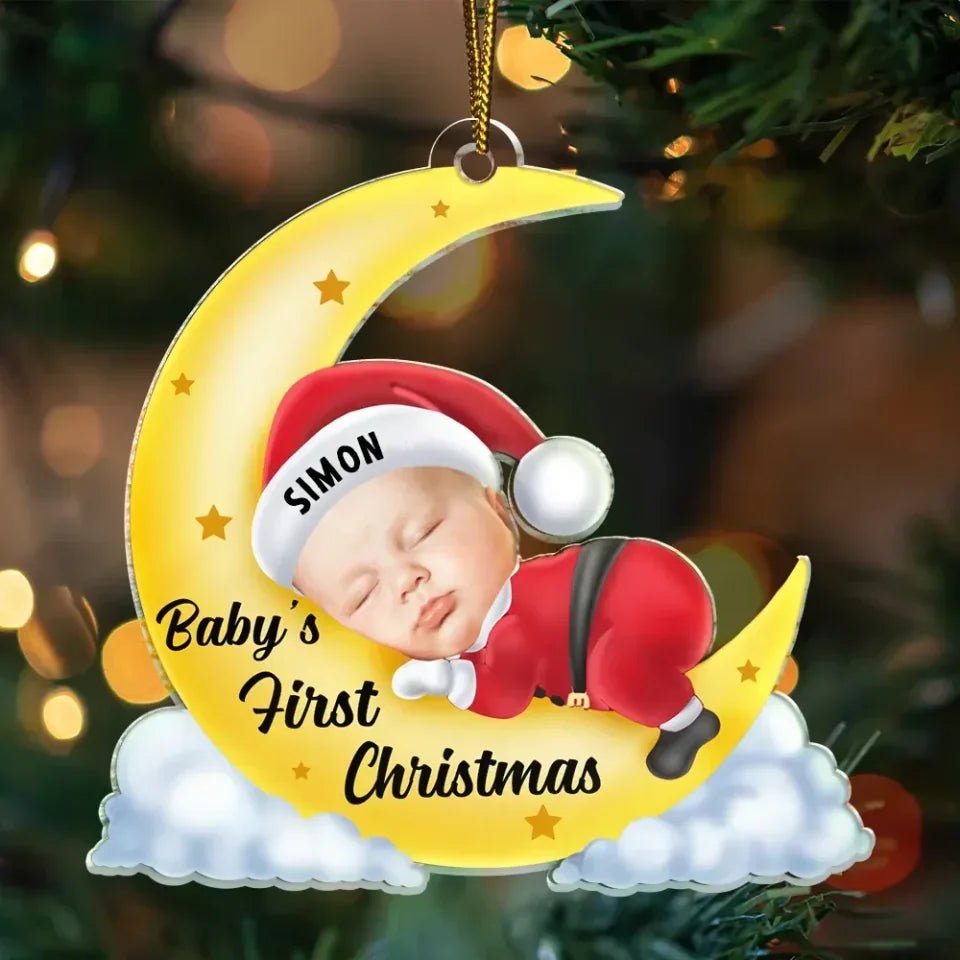 Custom Photo Christmas Baby Sleeping On The Moon - Personalized Cutout Acrylic Ornament 691986 - DiyGiftly