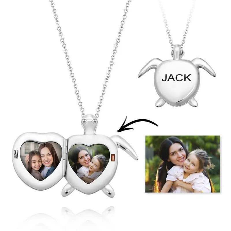 Custom Photo Engraved Name Necklace Sea Turtle Locket Necklace Mother's Day Gift for Mom - DiyGiftly