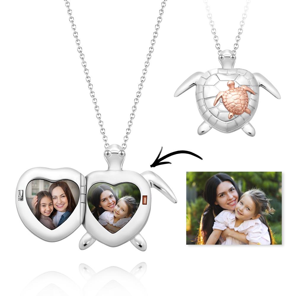 Custom Photo Engraved Name Necklace Sea Turtle Locket Necklace Mother's Day Gift for Mom - DiyGiftly
