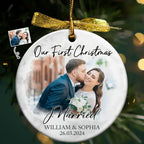 Custom Photo First Christmas As Mr & Mrs Couples - Personalized Circle Ceramic Ornament 721051 - DiyGiftly