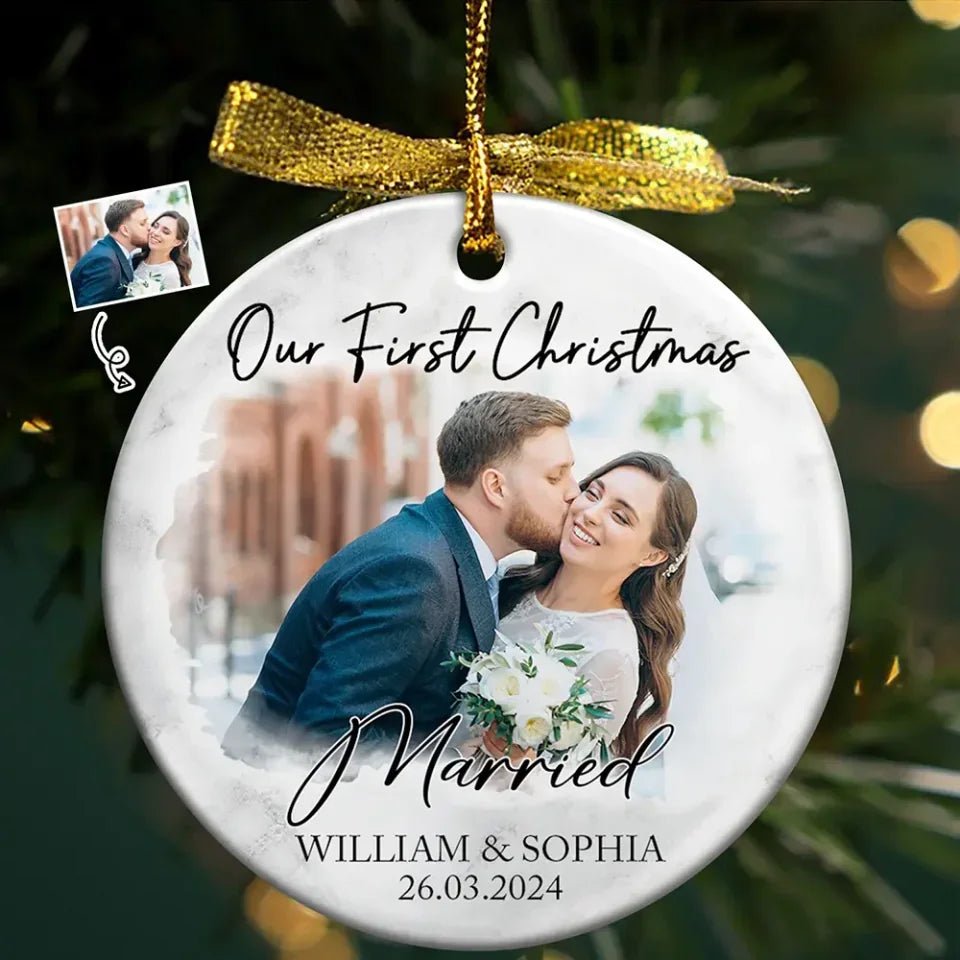 Custom Photo First Christmas As Mr & Mrs Couples - Personalized Circle Ceramic Ornament 721051 - DiyGiftly