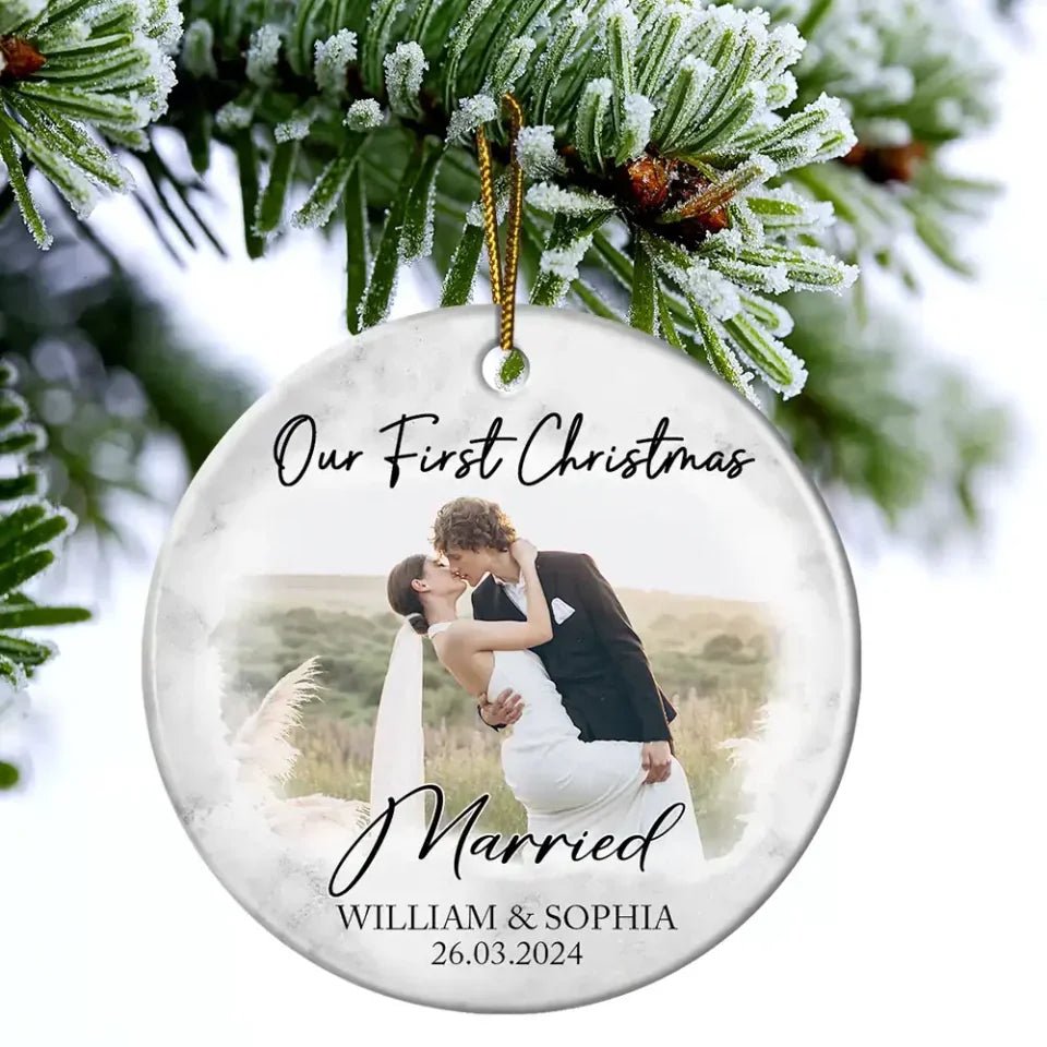 Custom Photo First Christmas As Mr & Mrs Couples - Personalized Circle Ceramic Ornament 721051 - DiyGiftly