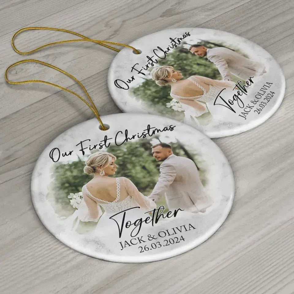 Custom Photo First Christmas As Mr & Mrs Couples - Personalized Circle Ceramic Ornament 721051 - DiyGiftly