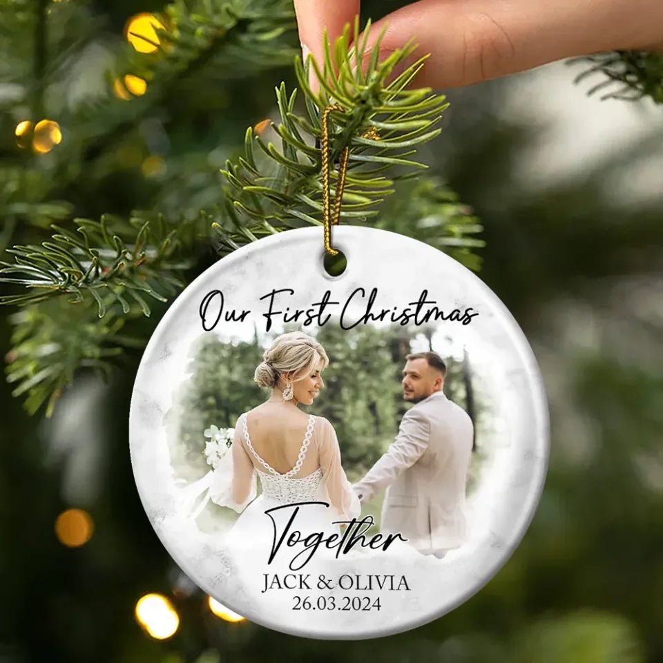 Custom Photo First Christmas As Mr & Mrs Couples - Personalized Circle Ceramic Ornament 721051 - DiyGiftly