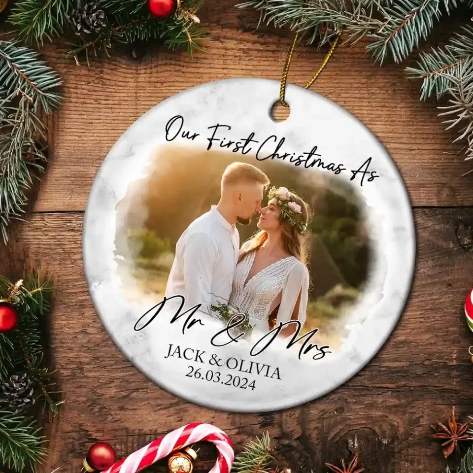 Custom Photo First Christmas As Mr & Mrs Couples - Personalized Circle Ceramic Ornament 721051 - DiyGiftly