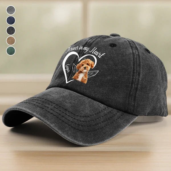 Custom Photo “Forever In My Heart” Memorial Baseball Cap – Personalized Washed Denim Hat, Remembrance Keepsake, Sympathy Gift, Custom Loss of Loved One or Pet Hat 00283136 - DiyGiftly