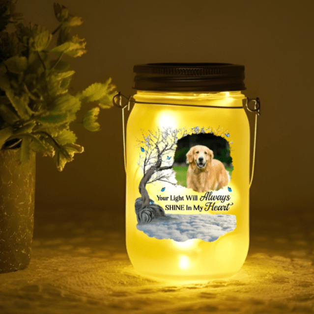 Single color warm light Your Light Will Always Shine In My Heart Personalized Photo Mason Jar
