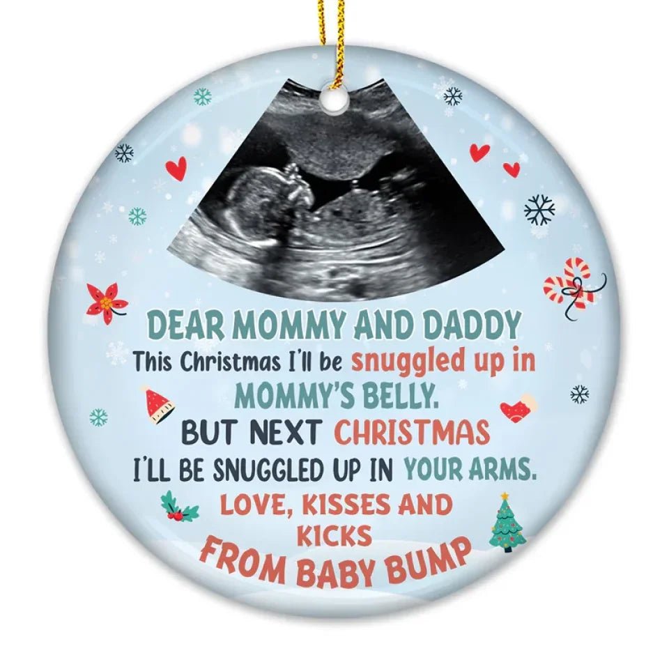Custom Photo Love Kisses And Kicks From Baby Bump - Family Personalized Custom Ornament - Ceramic Round Shaped - Christmas Gift For First Mom 678636 - DiyGiftly