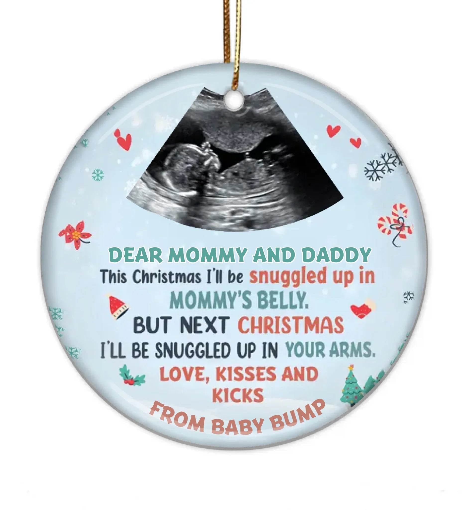 Custom Photo Love Kisses And Kicks From Baby Bump - Family Personalized Custom Ornament - Ceramic Round Shaped - Christmas Gift For First Mom 678636 - DiyGiftly