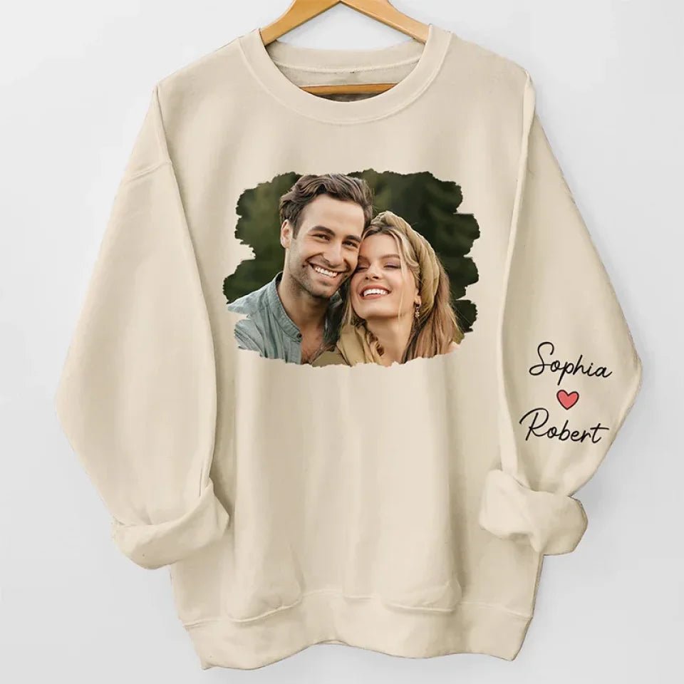 Custom Photo Meeting You Is The Best Thing That Ever Happened To Me - Couple Personalized Custom Unisex Sweatshirt With Design On Sleeve - Gift For Husband Wife, Anniversary 678809 - DiyGiftly