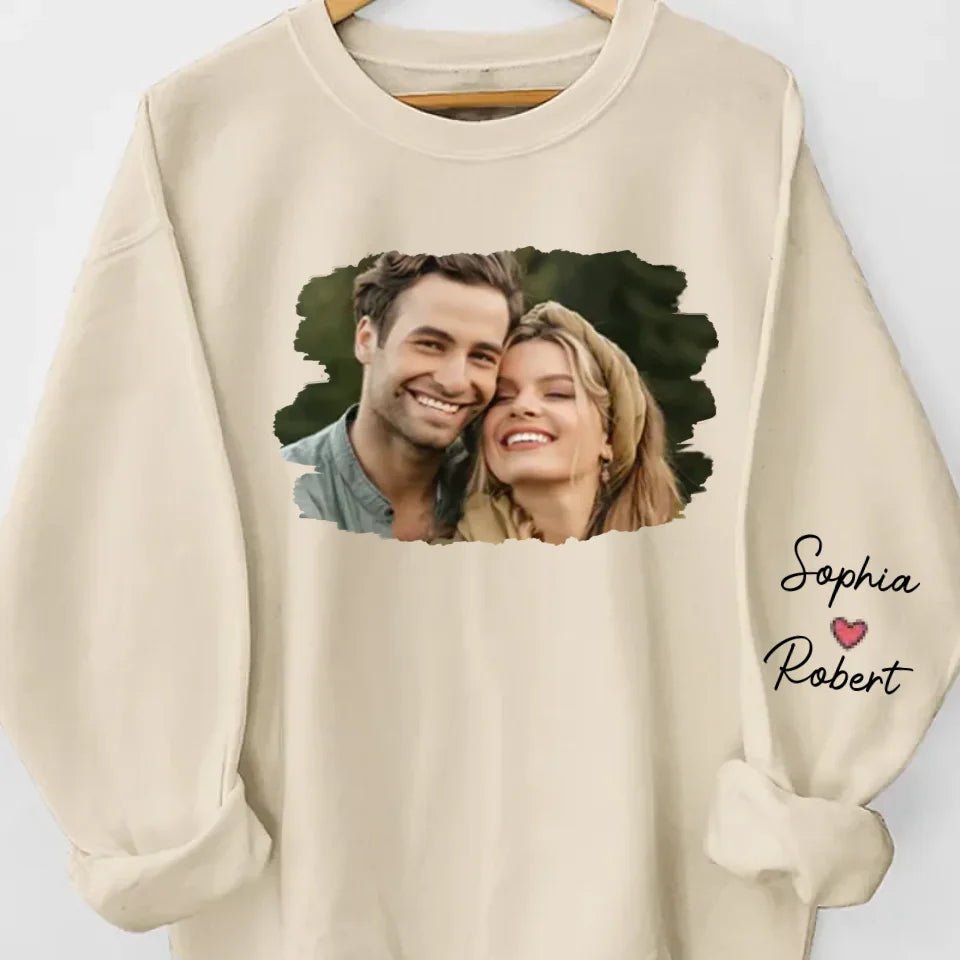 Custom Photo Meeting You Is The Best Thing That Ever Happened To Me - Couple Personalized Custom Unisex Sweatshirt With Design On Sleeve - Gift For Husband Wife, Anniversary 678809 - DiyGiftly