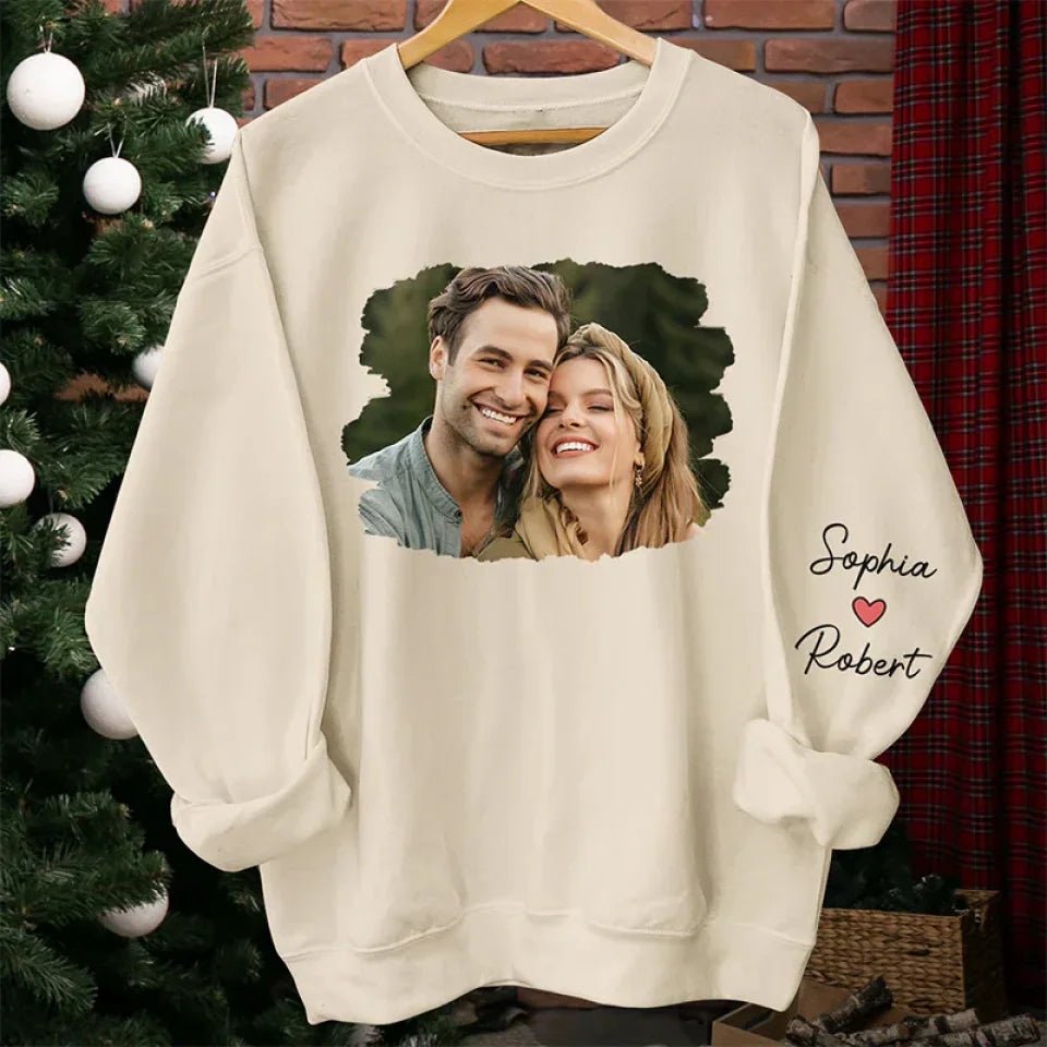 Custom Photo Meeting You Is The Best Thing That Ever Happened To Me - Couple Personalized Custom Unisex Sweatshirt With Design On Sleeve - Gift For Husband Wife, Anniversary 678809 - DiyGiftly