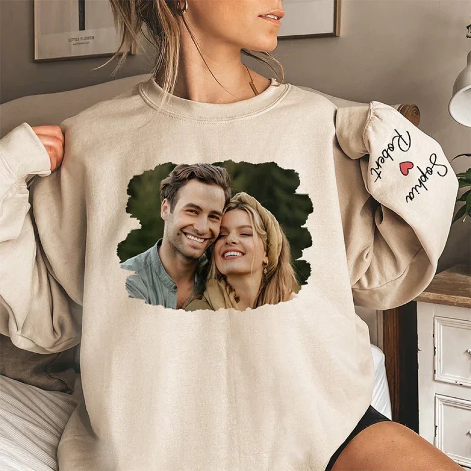 Custom Photo Meeting You Is The Best Thing That Ever Happened To Me - Couple Personalized Custom Unisex Sweatshirt With Design On Sleeve - Gift For Husband Wife, Anniversary 678809 - DiyGiftly
