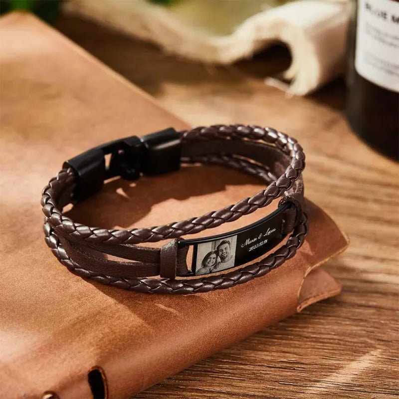 Custom Photo Men's Bracelet PU Leather Engraved Name and Date Men's Bracelet Best Valentine's Day Gift for Him - DiyGiftly