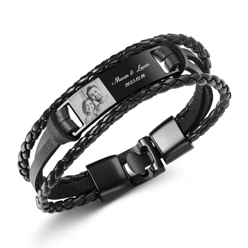 Custom Photo Men's Bracelet PU Leather Engraved Name and Date Men's Bracelet Best Valentine's Day Gift for Him - DiyGiftly