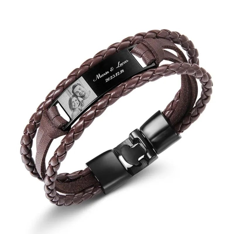 Custom Photo Men's Bracelet PU Leather Engraved Name and Date Men's Bracelet Best Valentine's Day Gift for Him - DiyGiftly