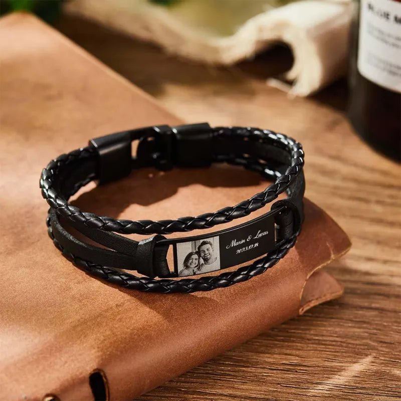Custom Photo Men's Bracelet PU Leather Engraved Name and Date Men's Bracelet Best Valentine's Day Gift for Him - DiyGiftly