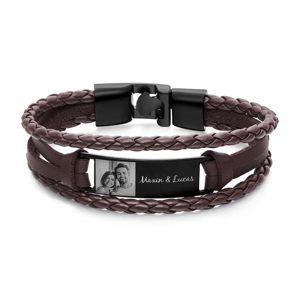 Custom Photo Men's Bracelet PU Leather Engraved Name and Date Men's Bracelet Best Valentine's Day Gift for Him - DiyGiftly
