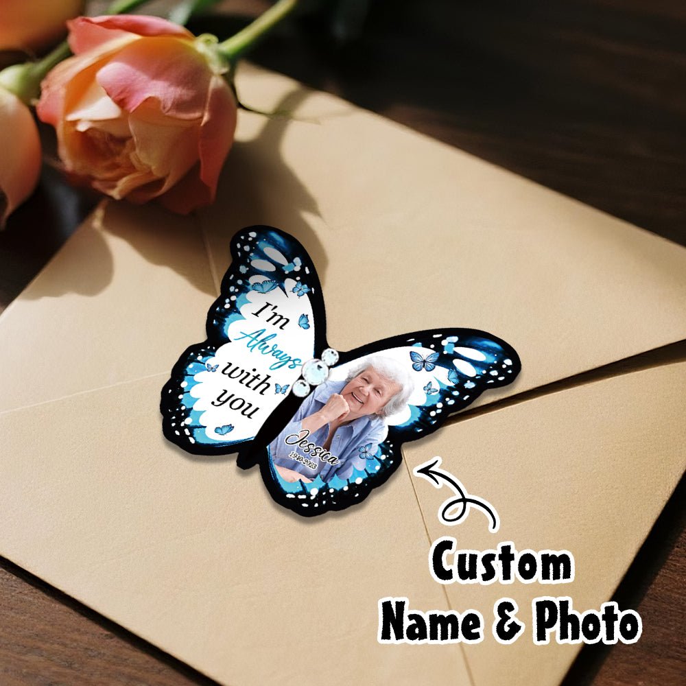 blue butterfly hair clip personalized photo with custom name close to heart remembrance