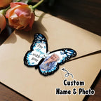 blue butterfly hair clip personalized photo with custom name close to heart remembrance