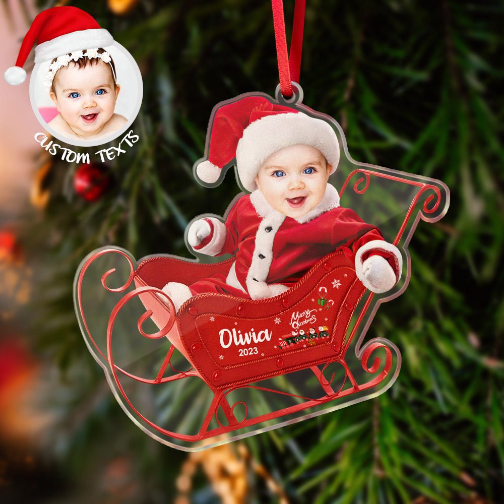 Custom Photo & Name Sleigh Acrylic Ornament – Personalized Christmas Tree Decoration - DiyGiftly