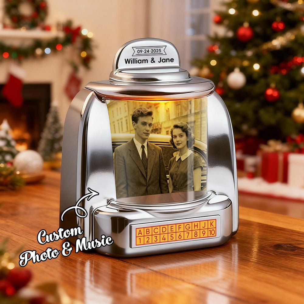 Custom Photo Names & Date Jukebox Retro Speaker Music Mini Player with Radio Vintage Tabletop Home Decor Christmas Nostalgic Gift - DiyGiftly