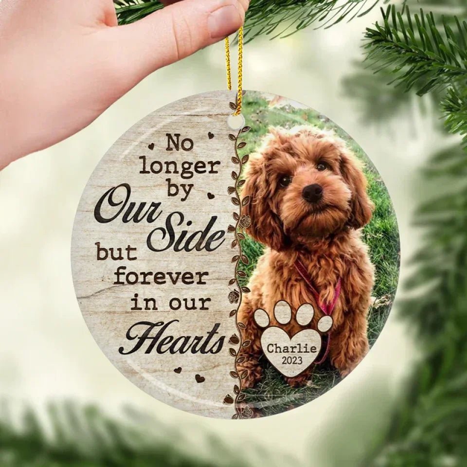 Custom Photo No Longer By Our Side - Memorial Personalized Custom Ornament - Ceramic Round Shaped - Christmas Gift, Sympathy Gift For Pet Owners, Pet Lovers 679806 - DiyGiftly