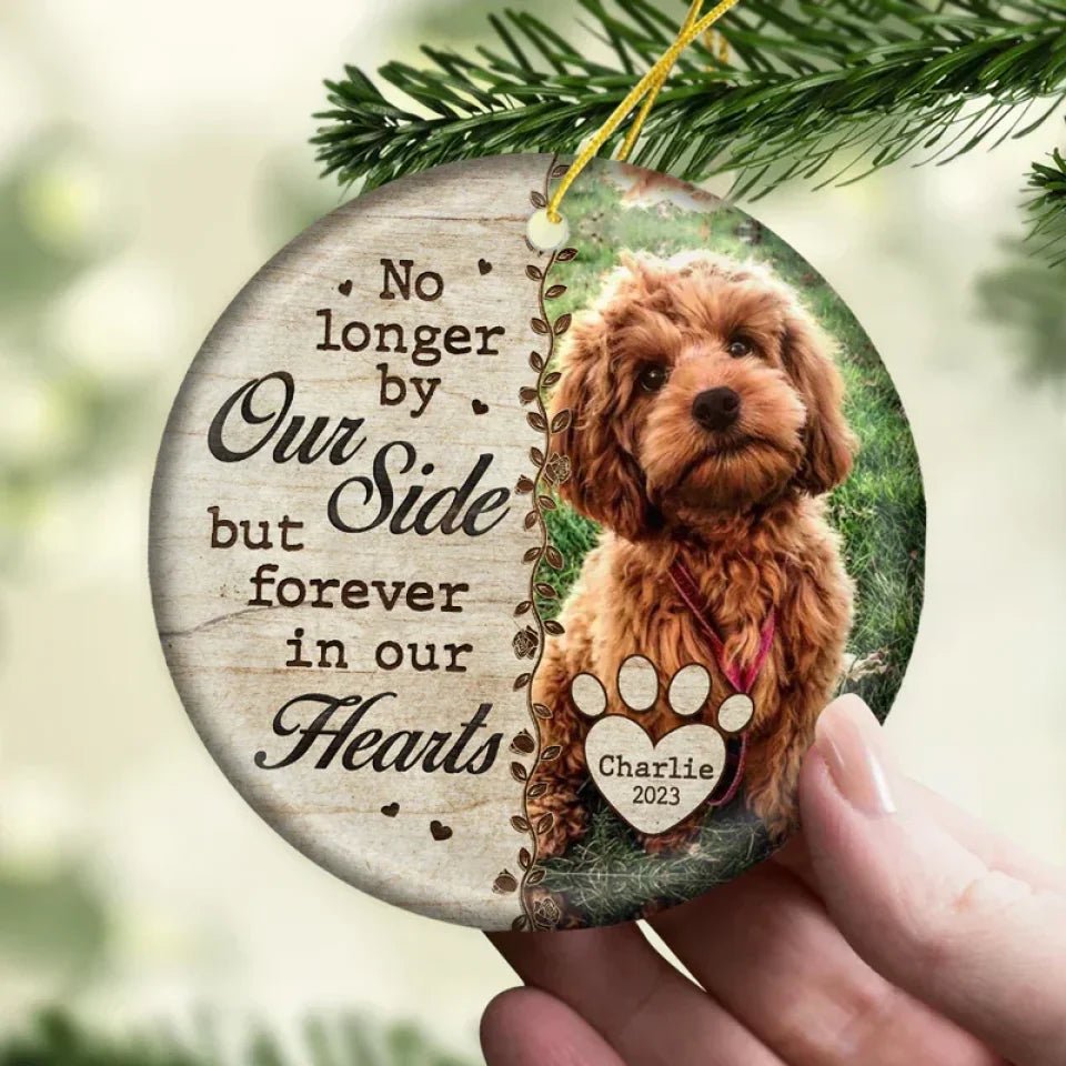 Custom Photo No Longer By Our Side - Memorial Personalized Custom Ornament - Ceramic Round Shaped - Christmas Gift, Sympathy Gift For Pet Owners, Pet Lovers 679806 - DiyGiftly