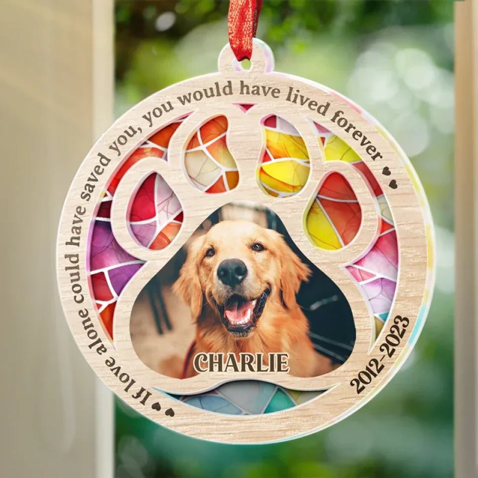 loss of dog gift suncatcher ornament personalized photo window hanging keepsake detail view