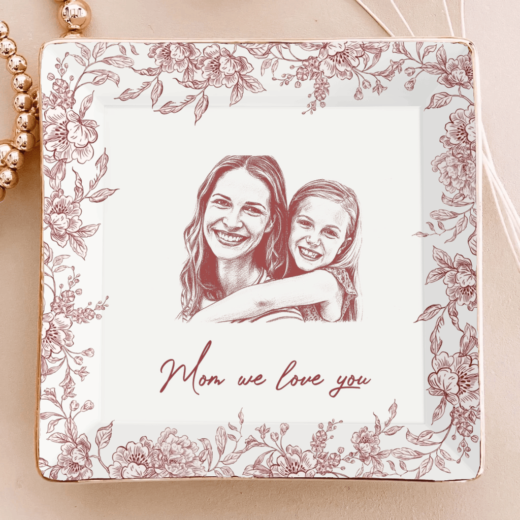 Custom Photo Pencil Sketch – The Love Between Mother & Daughter – Personalized Ceramic Ring Dish, Jewelry Tray with Name & Date, Mother’s Day Gift, Birthday Keepsake, Sentimental Mom Daughter Gift 1111234 - DiyGiftly