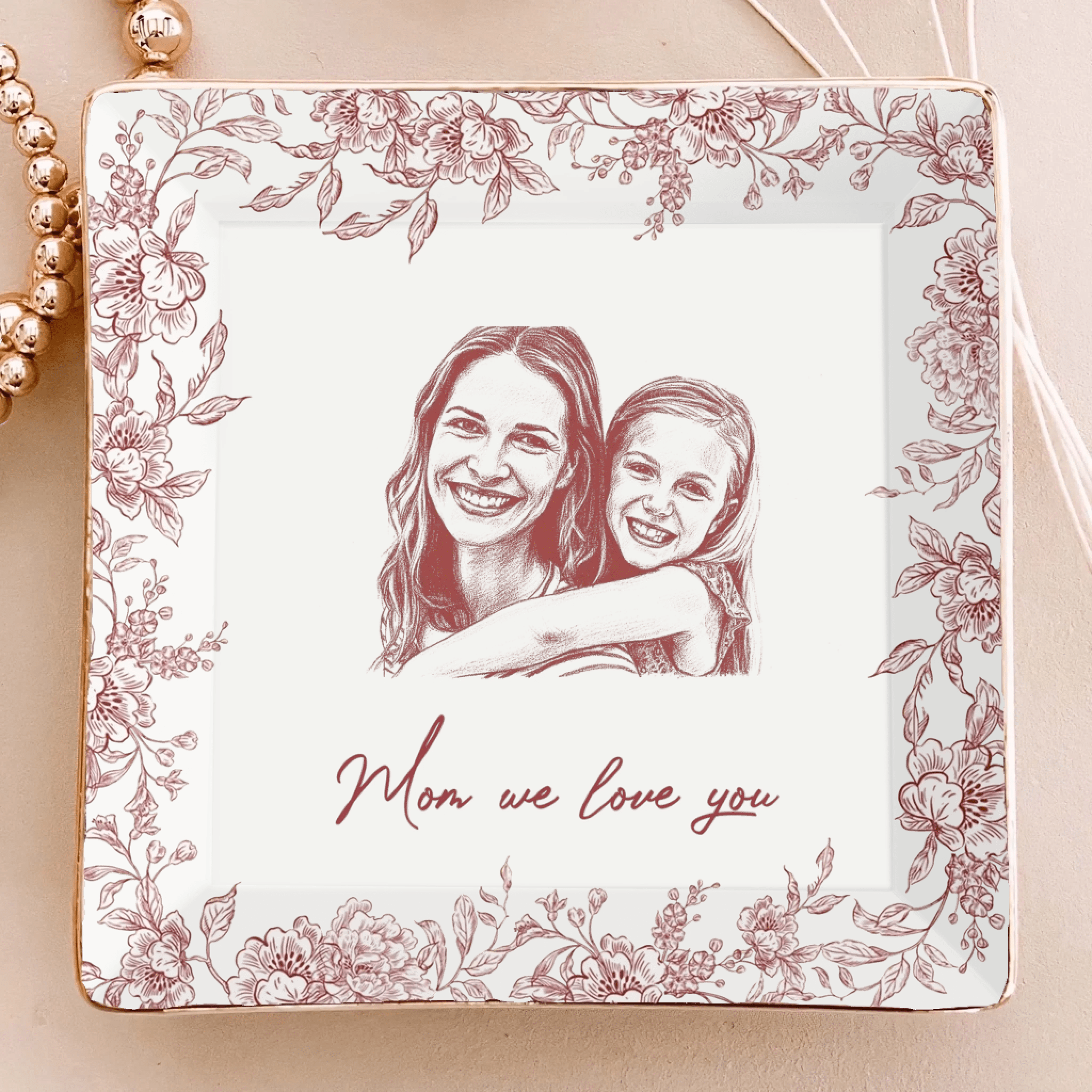 Custom Photo Pencil Sketch – The Love Between Mother & Daughter – Personalized Ceramic Ring Dish, Jewelry Tray with Name & Date, Mother’s Day Gift, Birthday Keepsake, Sentimental Mom Daughter Gift 1111234 - DiyGiftly
