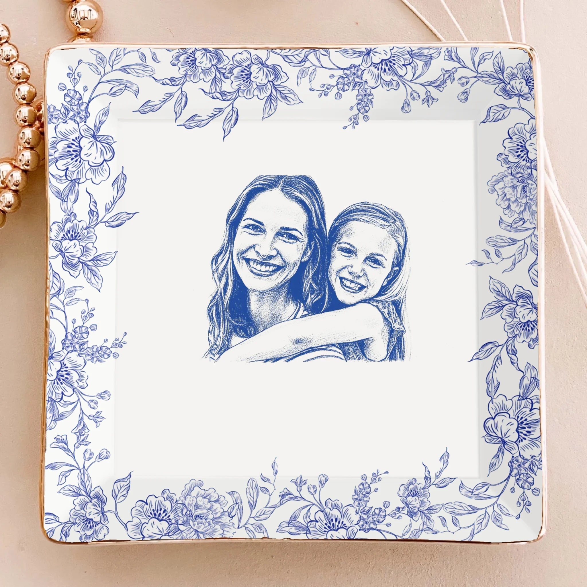 Custom Photo Pencil Sketch – The Love Between Mother & Daughter – Personalized Ceramic Ring Dish, Jewelry Tray with Name & Date, Mother’s Day Gift, Birthday Keepsake, Sentimental Mom Daughter Gift 1111234 - DiyGiftly