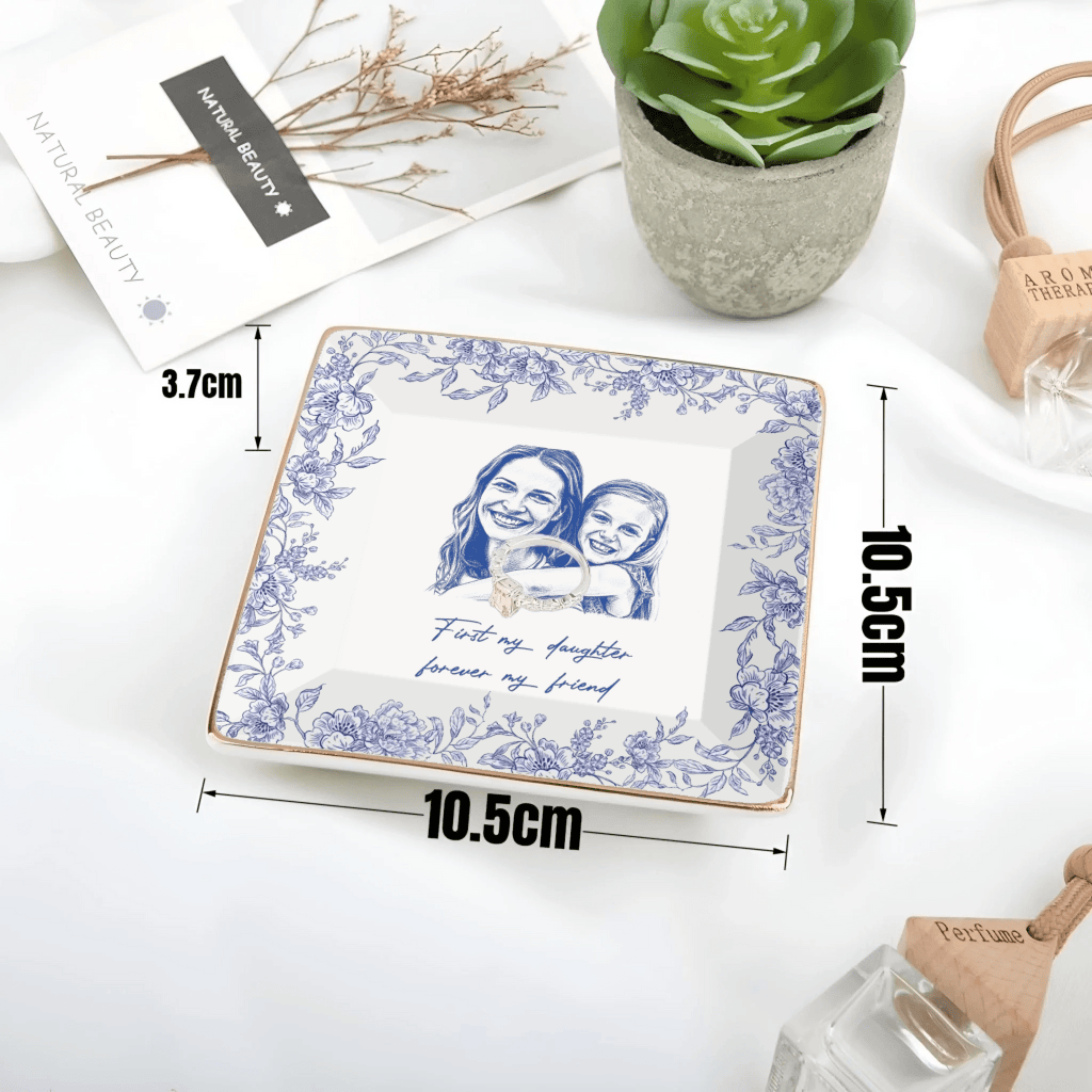 Custom Photo Pencil Sketch – The Love Between Mother & Daughter – Personalized Ceramic Ring Dish, Jewelry Tray with Name & Date, Mother’s Day Gift, Birthday Keepsake, Sentimental Mom Daughter Gift 1111234 - DiyGiftly