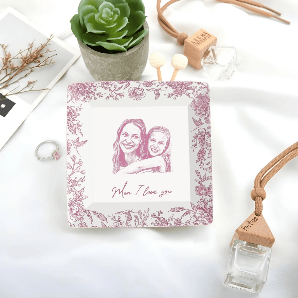 Custom Photo Pencil Sketch – The Love Between Mother & Daughter – Personalized Ceramic Ring Dish, Jewelry Tray with Name & Date, Mother’s Day Gift, Birthday Keepsake, Sentimental Mom Daughter Gift 1111234 - DiyGiftly