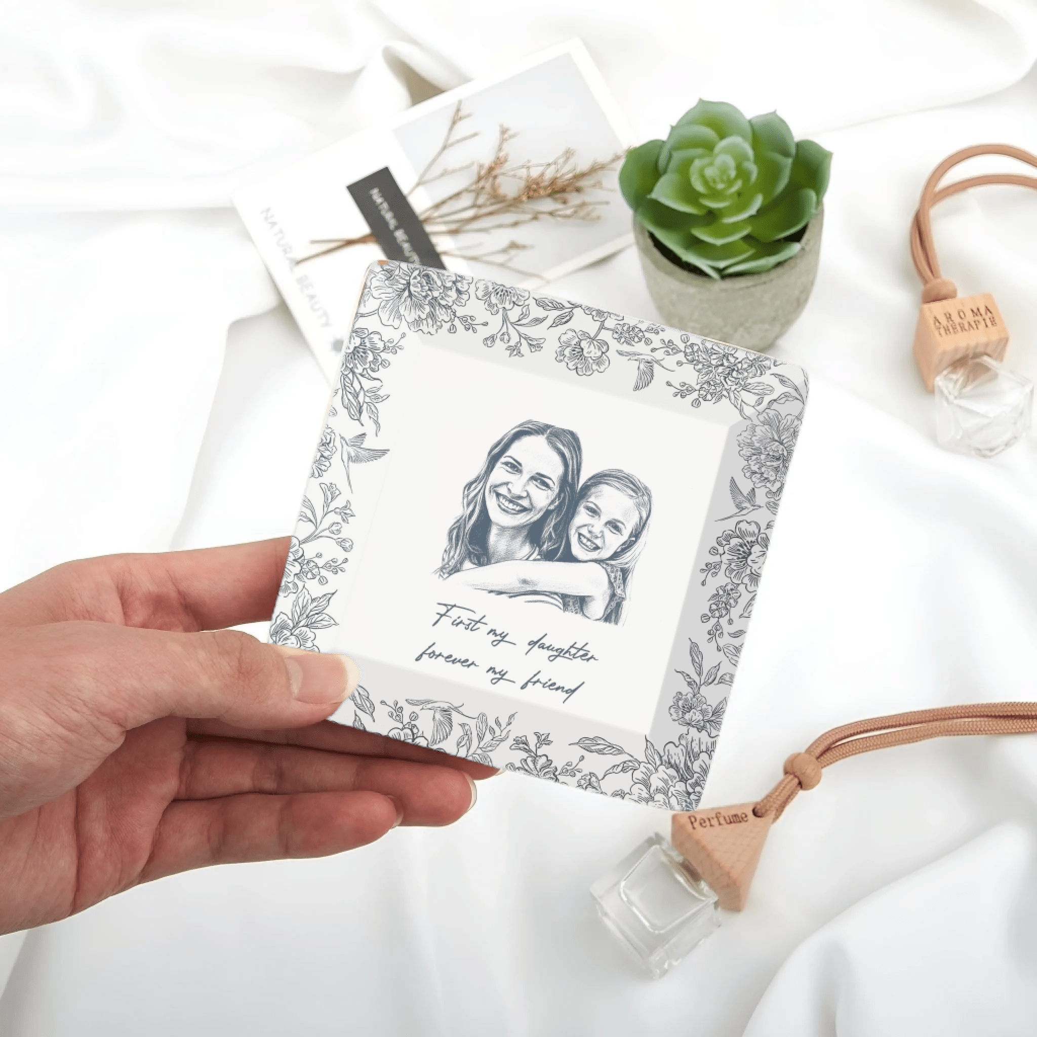 Custom Photo Pencil Sketch – The Love Between Mother & Daughter – Personalized Ceramic Ring Dish, Jewelry Tray with Name & Date, Mother’s Day Gift, Birthday Keepsake, Sentimental Mom Daughter Gift 1111234 - DiyGiftly